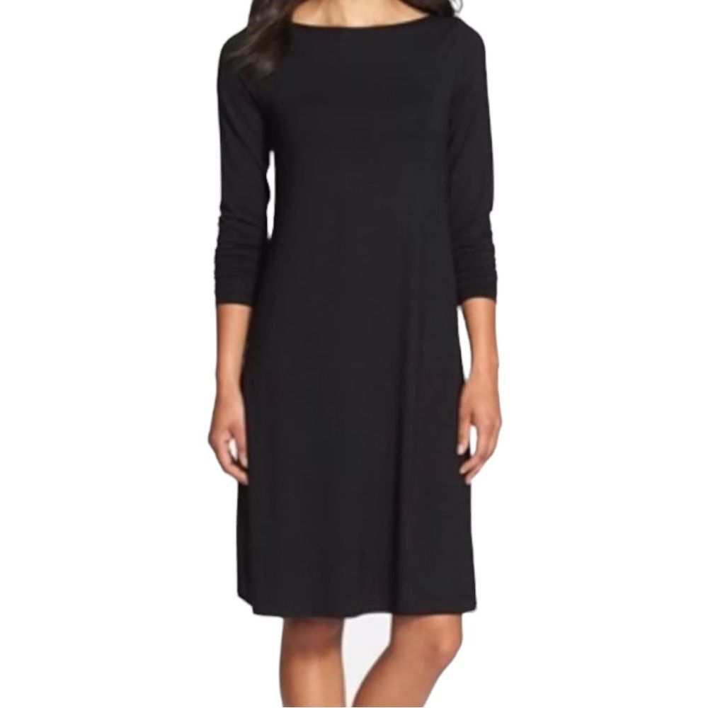 Eileen Fisher Long Sleeve Black Jersey Knit Bateau Neck Mini Shift Dress Size L